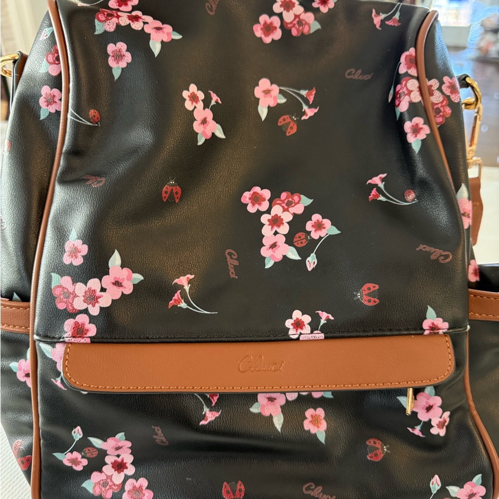 Cluci Small Floral  and Ladybug Black and Brown Backpack 12x10 - Picture 8 of 16